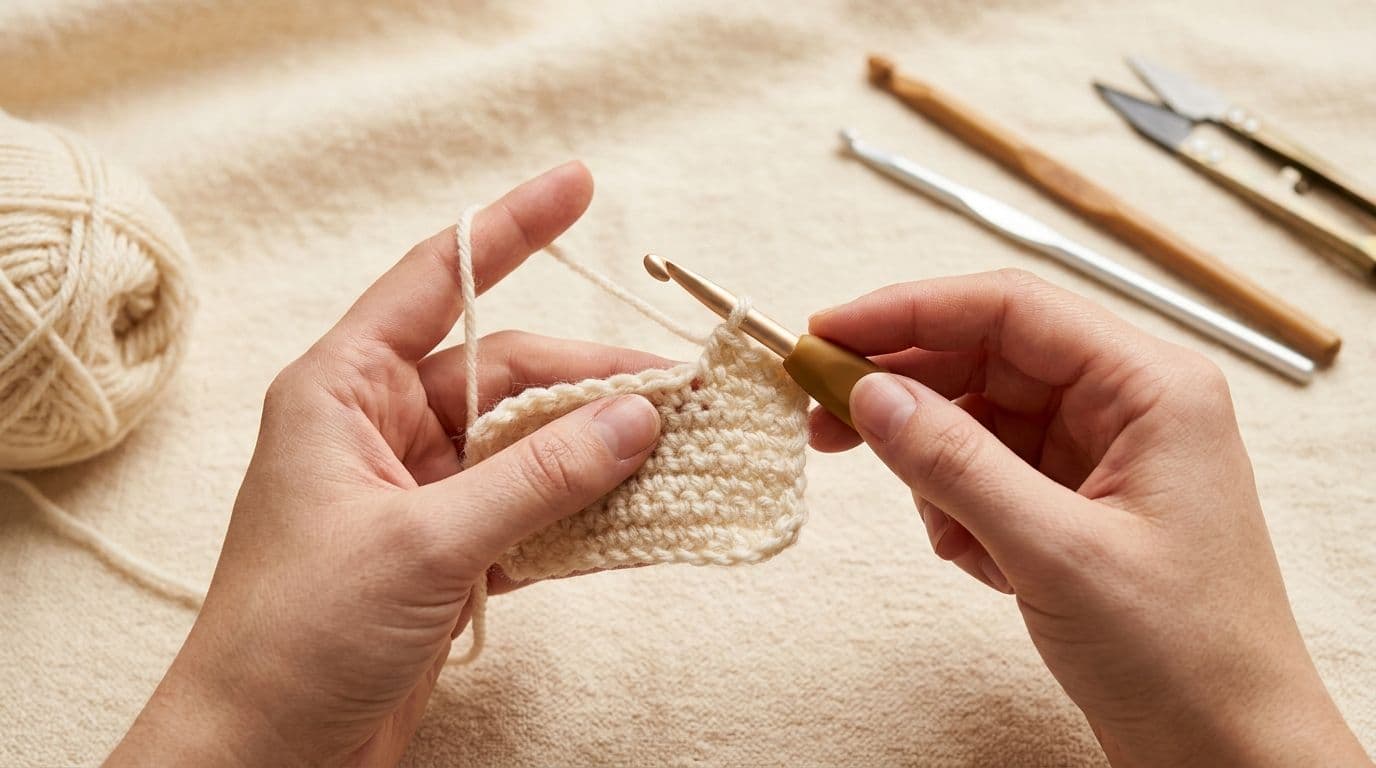 Knitting vs crochet tools showing a crochet hook, yarn ball, single active loop, and crocheted swatch on a cream fabric surface.