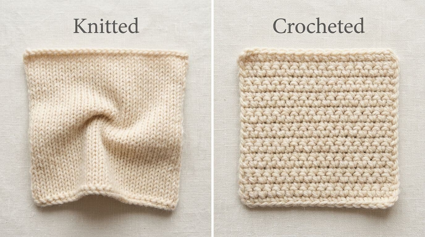 Knitting vs crochet fabric comparison showing a smooth, stretchy knitted swatch beside a thicker, structured crocheted swatch.