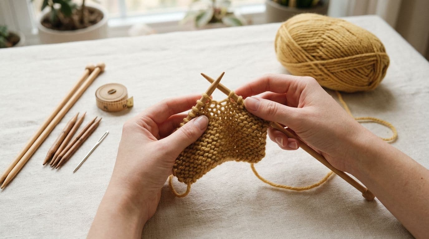 Knitting vs crochet tools showing two knitting needles, yarn, live stitches, and a beginner knitting swatch on a cream fabric background.