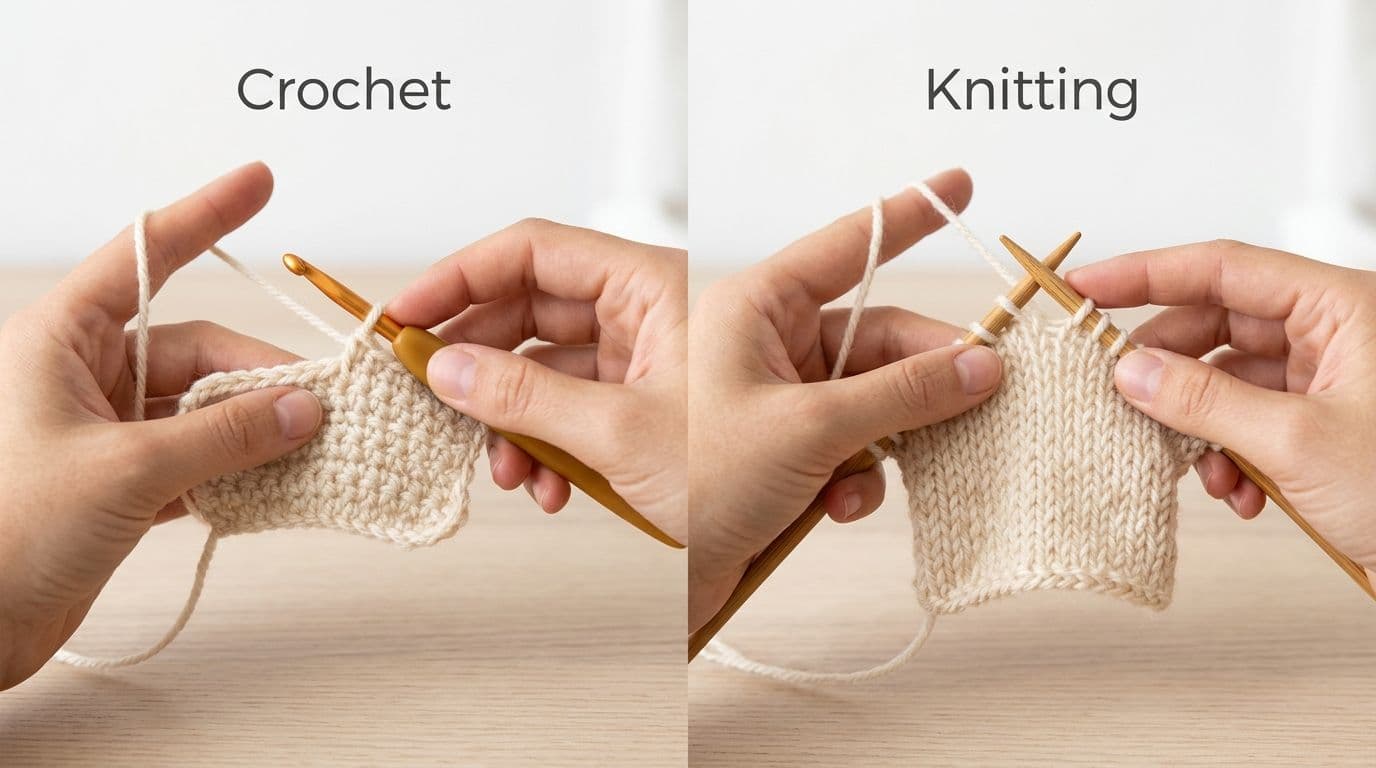 Knitting vs crochet speed comparison showing hands crocheting and knitting similar yarn swatches side by side.