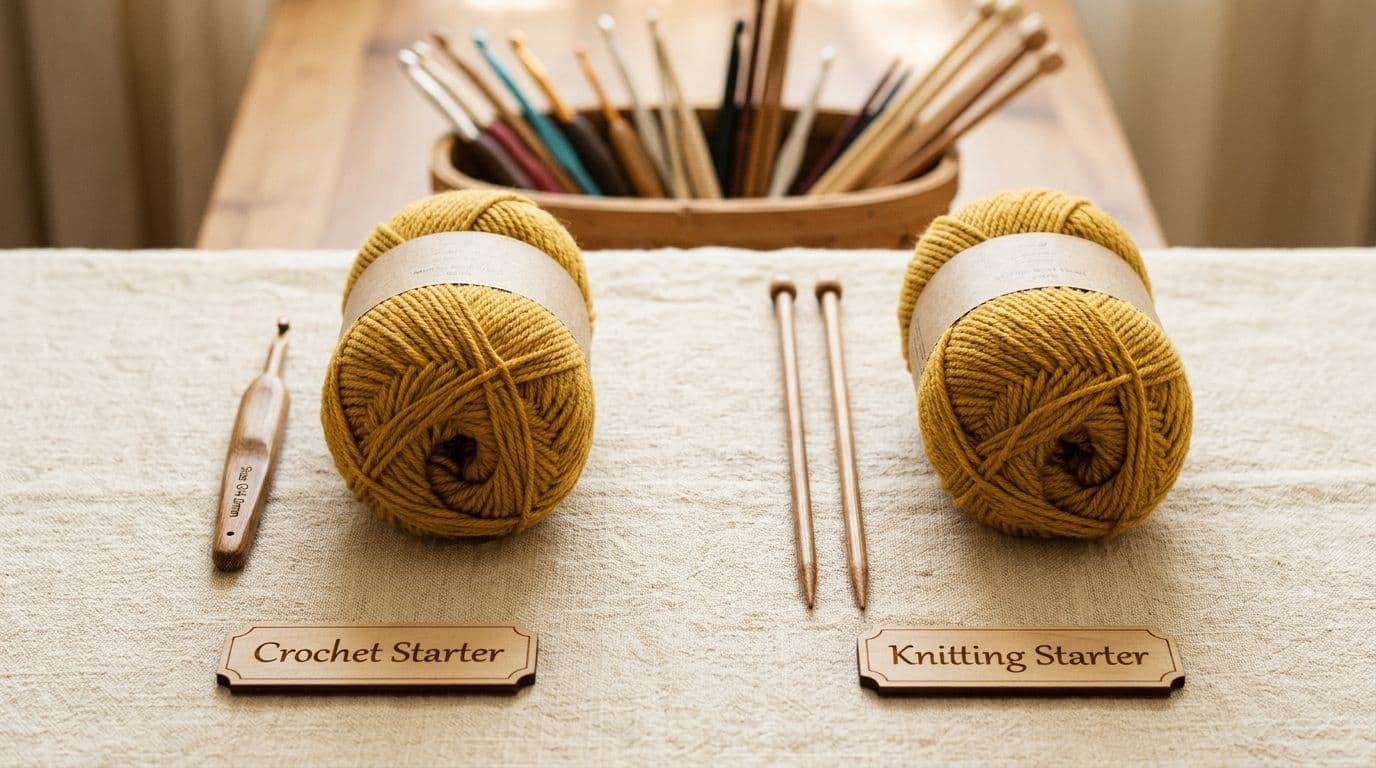 Knitting vs crochet starter supplies showing a crochet hook and yarn beside knitting needles and yarn for beginners.