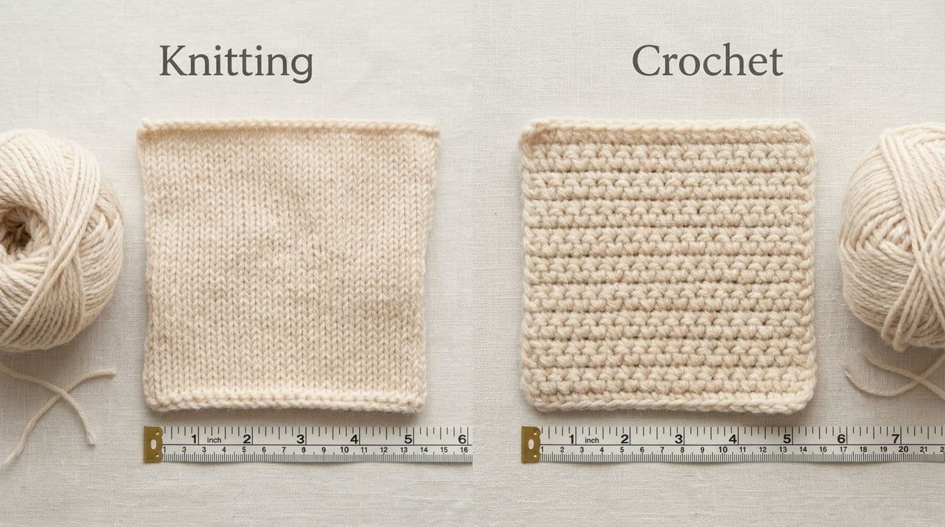 Knitting vs crochet yarn usage comparison with matching knitted and crocheted swatches made from the same yarn.
