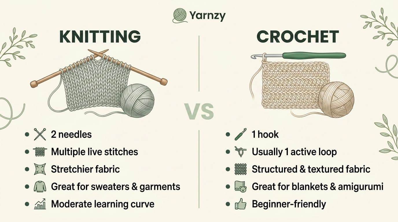 Infographic comparing knitting and crochet for Yarnzy. Knitting uses two needles with multiple active loops, creating a drapier fabric. Crochet uses a single hook and one active loop, producing a denser, sturdier fabric. Yarnzy highlights the crochet method.