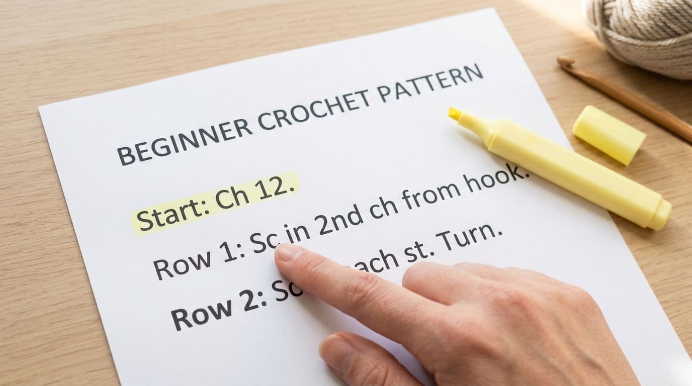 Closeup of a crochet pattern printed on paper with a hand pointing to abbreviations, showing how to read the written text step-by-step