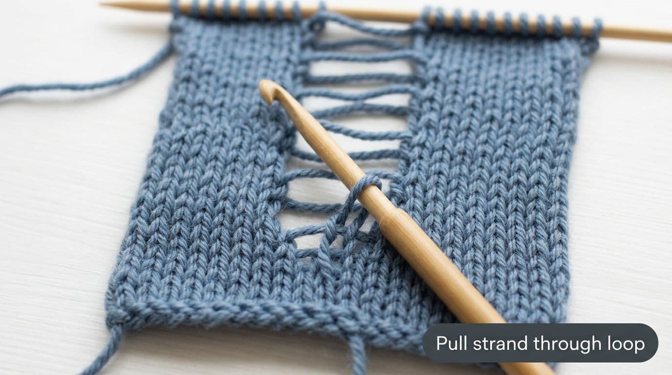 Bamboo crochet hook pulling a ladder strand through a dropped knit stitch loop in a dusty blue stockinette swatch with remaining ladder strands visible above