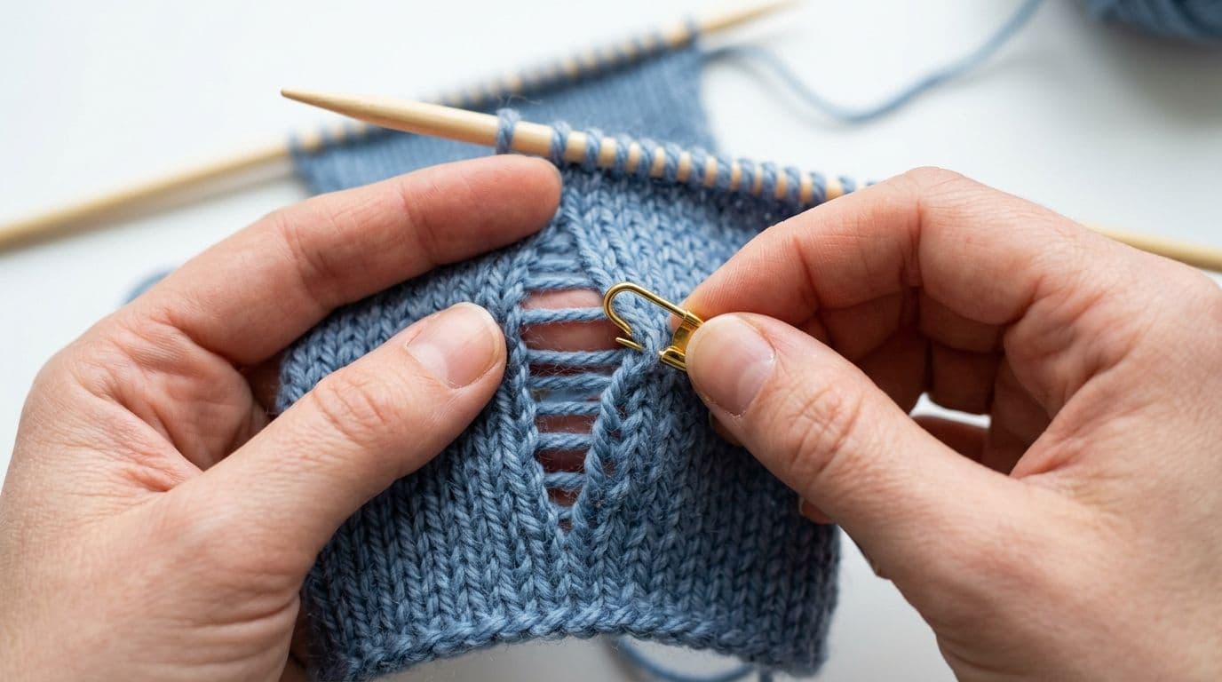 Hands clipping a gold locking stitch marker through a dropped stitch in a dusty blue knitting swatch to secure it before fixing, wooden needles visible in background