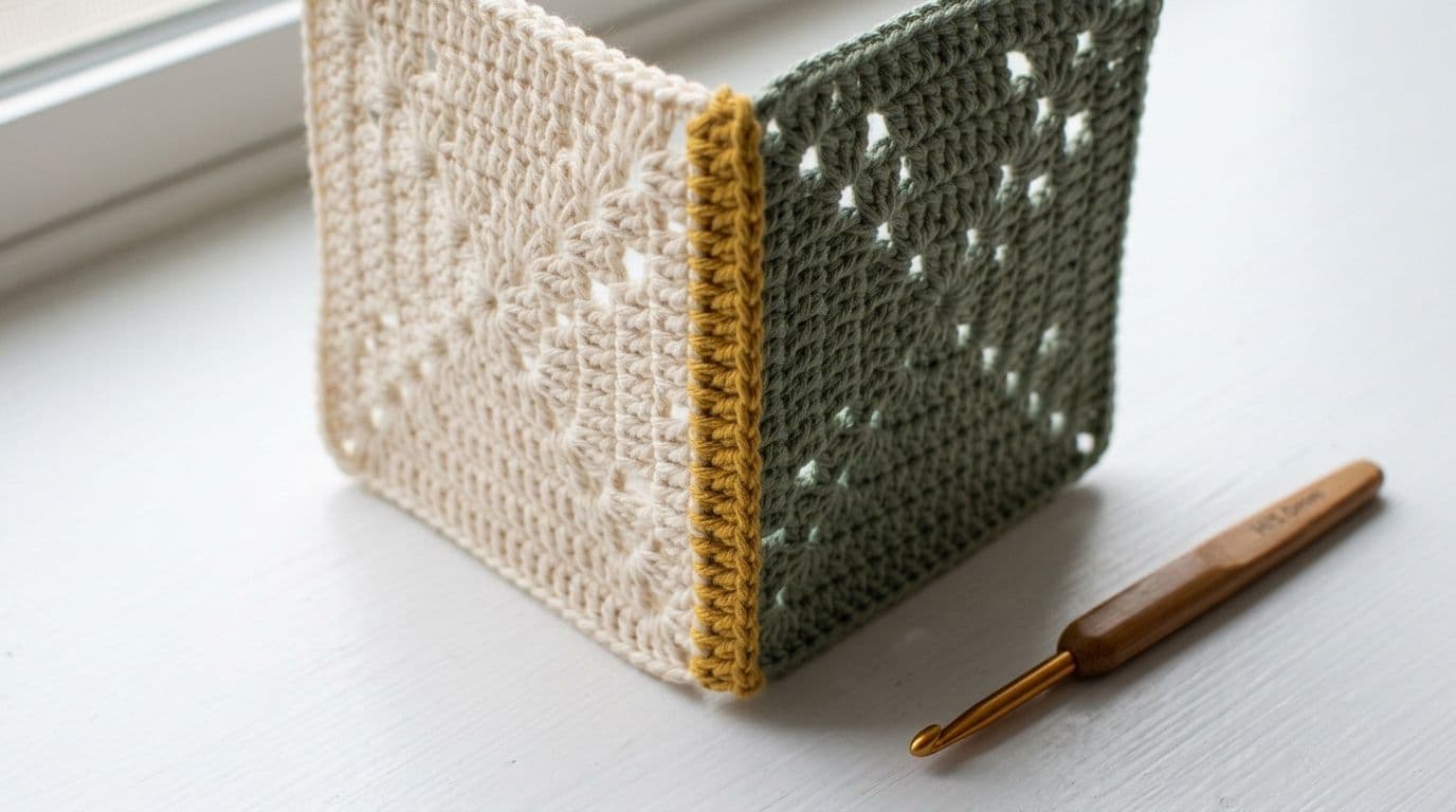 Two granny squares joined with a single crochet join showing a raised textured ridge in a contrasting mustard yellow yarn along the edge on a white surface.