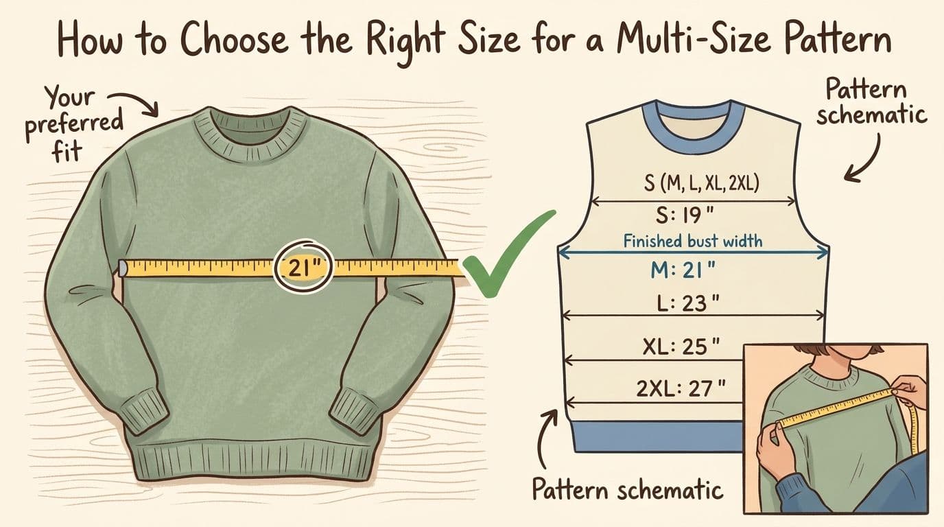 Visual guide to choosing the correct size by measuring a garment you already own and comparing to the pattern schematic