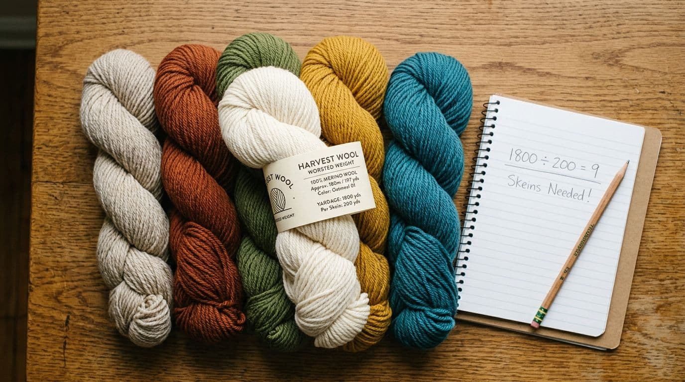 Overhead flat-lay of worsted yarn skeins with a ball band showing yardage and a notepad with skein division math on a wooden surface