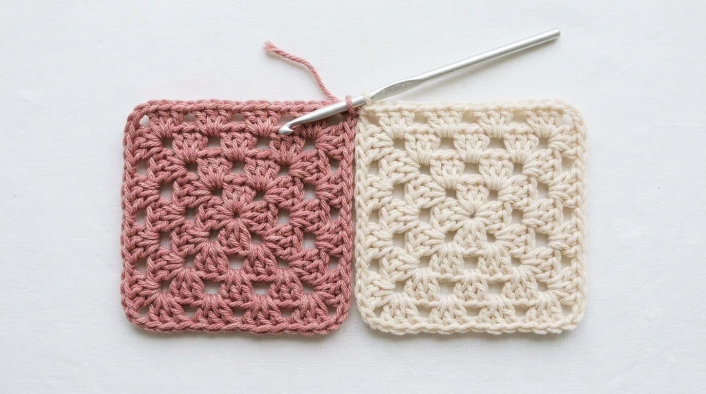 Two granny squares placed wrong sides together on a white surface with a crochet hook inserted through the back loops ready for a slip stitch join.