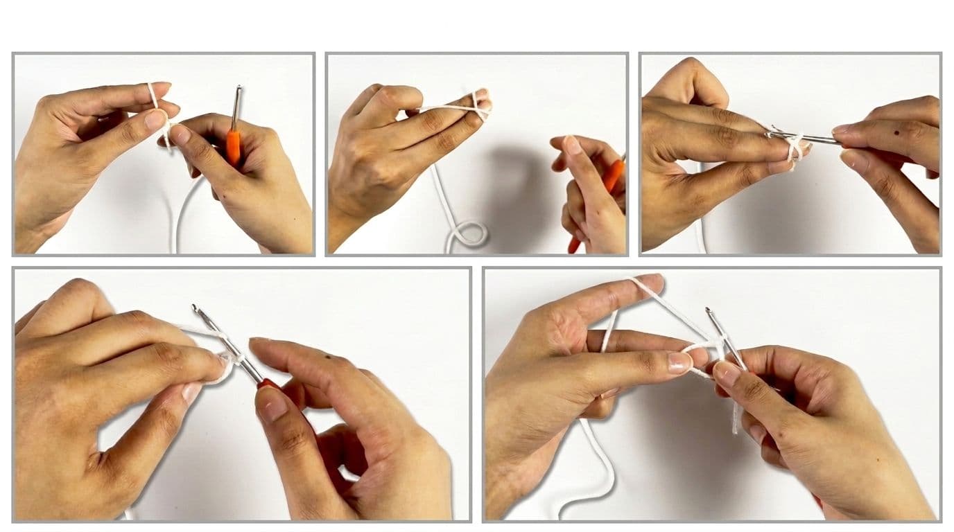 5-step magic circle tutorial for crochet sunflower coaster: hands demonstrating loop formation, hook position, strand catching, chain one, and completed magic ring foundation