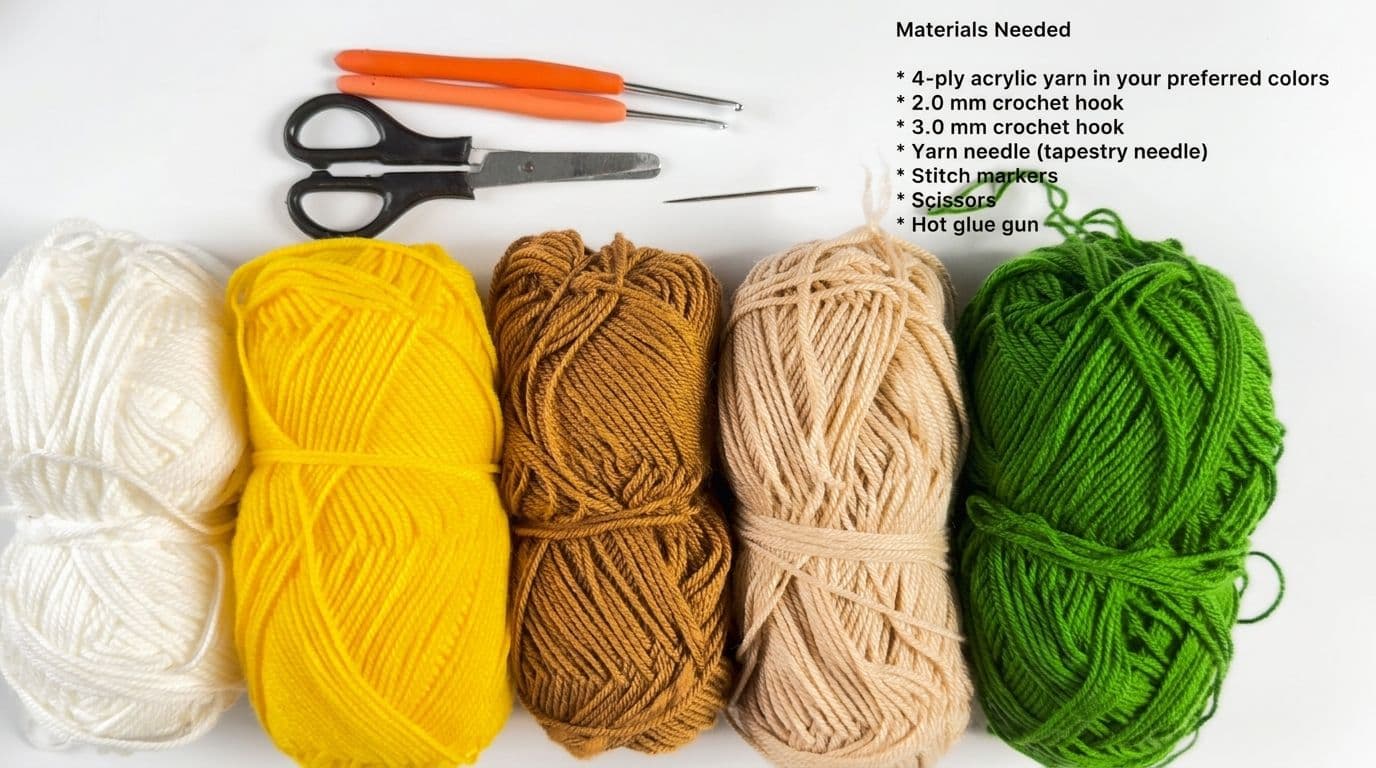 Complete materials and tools needed for crochet sunflower pot coaster pattern: green, yellow, brown, and beige yarn, crochet hooks, stitch marker, scissors, and hot glue gun