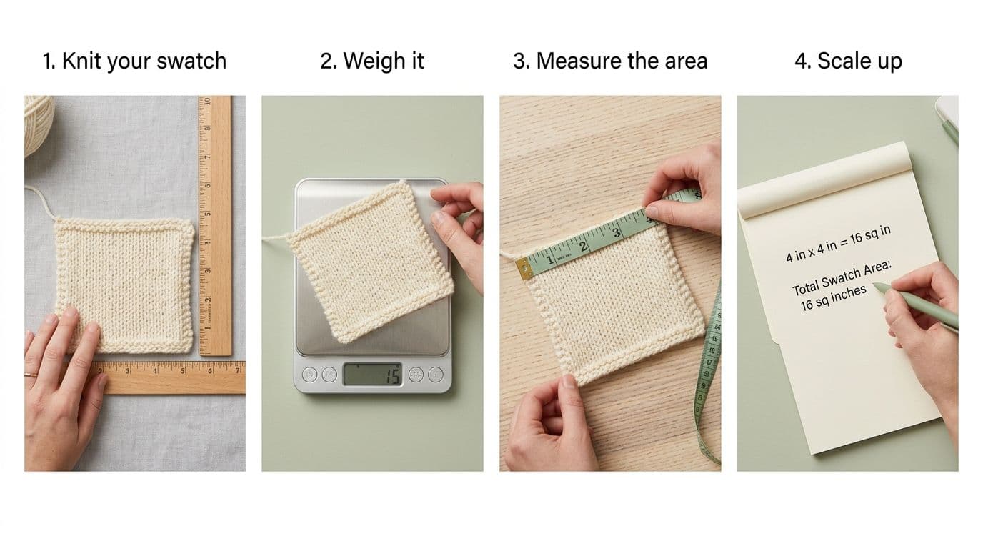 Four-step tutorial showing swatch math process knitting a swatch, weighing it on a kitchen scale, measuring dimensions, and calculating yarn yardage without a pattern