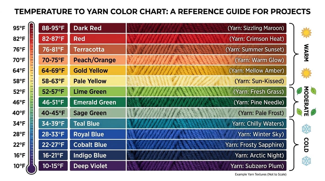 Temperature blanket color chart mapping yarn colors to temperature ranges from 10°F (cool blues) to 95°F (warm reds) for year-long crochet projects.