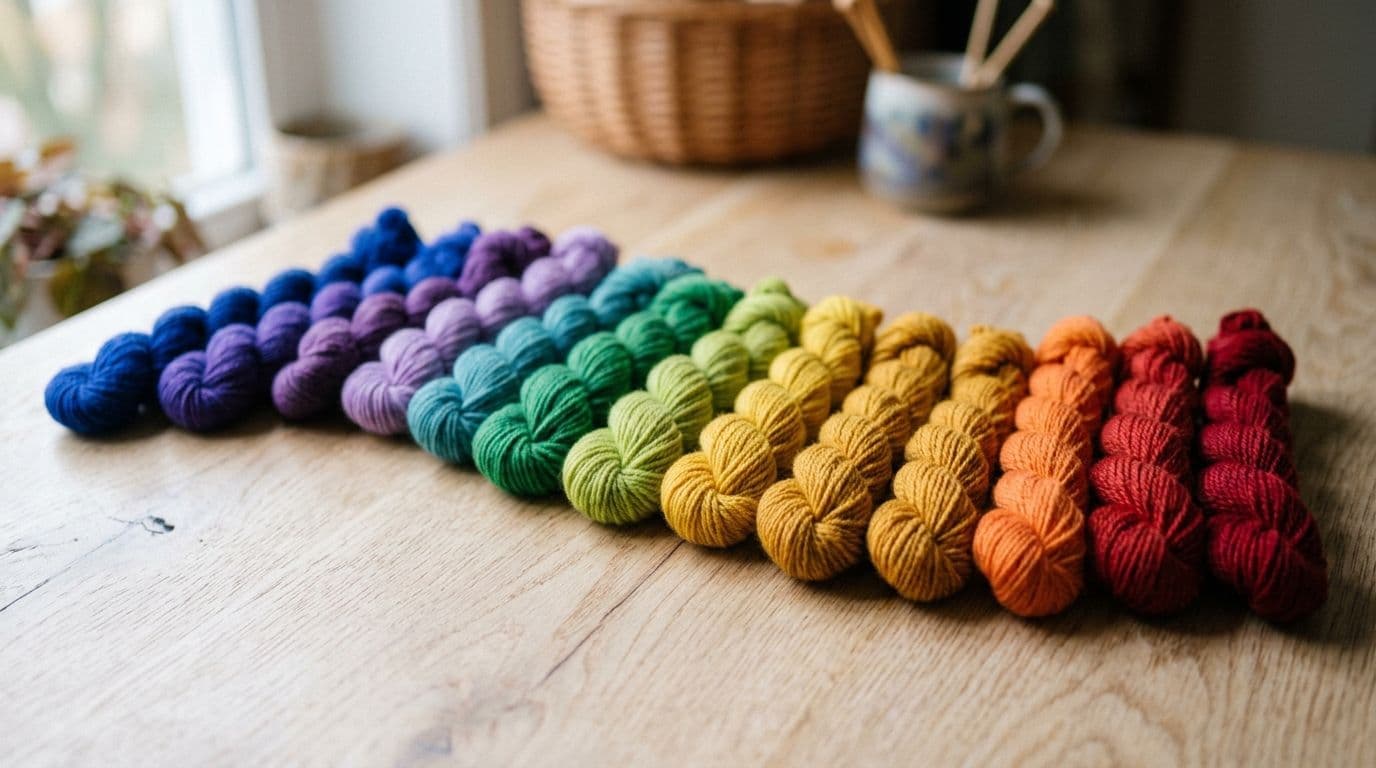 Yarn skeins arranged in a gradient from cool blue to warm red for choosing temperature blanket colors, on a light background