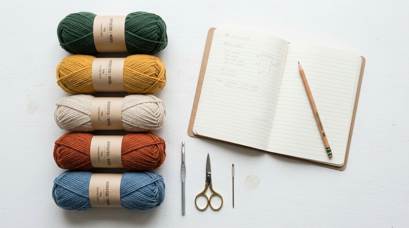 Flat lay of worsted weight yarn skeins, an H crochet hook, scissors, and a notebook for planning a temperature blanket on a white surface