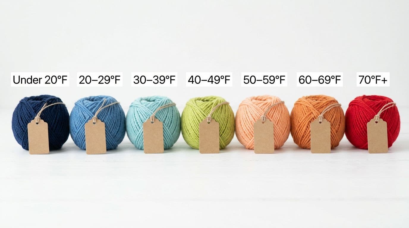 Yarn balls lined up with paper tags matching temperature ranges to colors for a simple crochet temperature blanket color chart