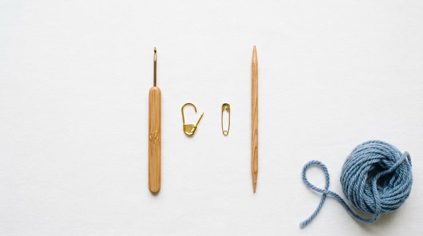 Flat lay of tools to fix a dropped stitch in knitting including a bamboo crochet hook, gold stitch marker, safety pin, and wooden knitting needle with dusty blue yarn
