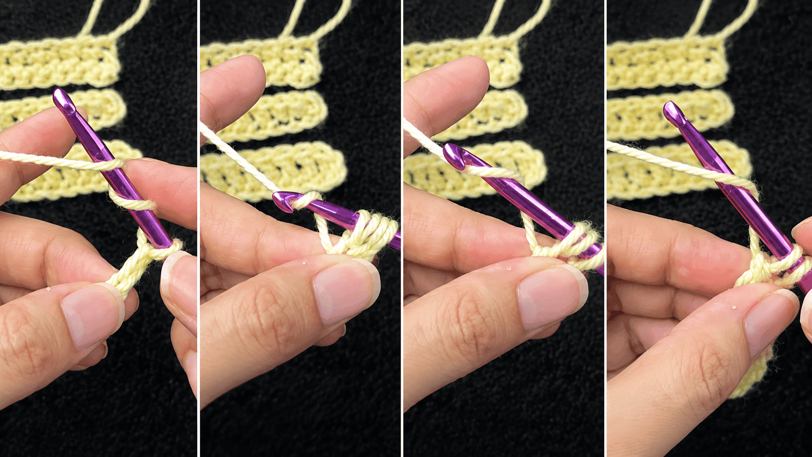 Four-panel instructional sequence demonstrating the hand positions and yarn-over technique required to execute a triple crochet stitch using a purple crochet hook.
