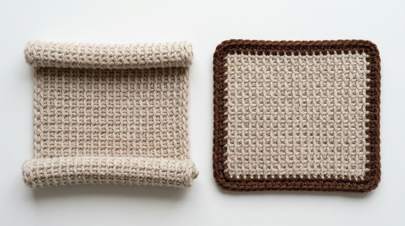 Two Tunisian crochet swatches one rolling into a scroll and one lying flatter with an added border showing how to reduce Tunisian curl