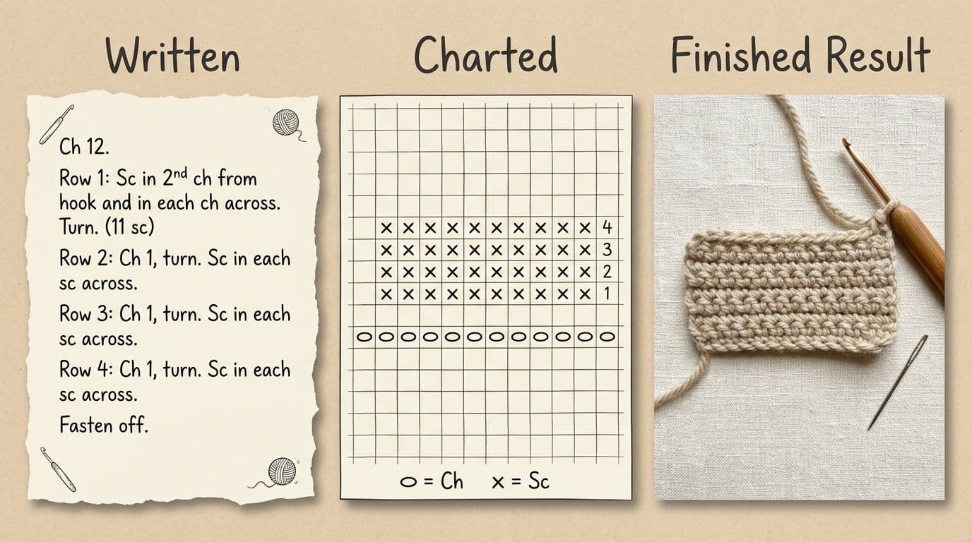 Side-by-side comparison in Yarnzy design showing the same crochet pattern in three formats: written abbreviations, chart symbols, and the finished crocheted piece