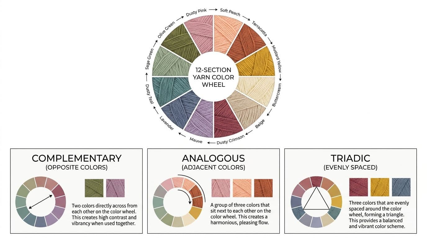 Color wheel diagram showing complementary, analogous, and triadic relationships with labeled examples for building crochet color schemes.