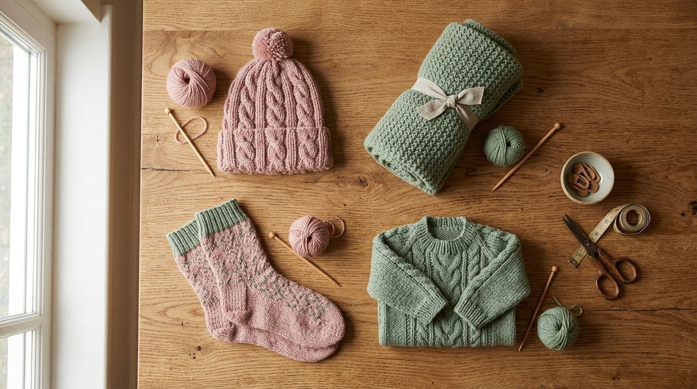 Flat-lay of a knit hat, scarf, socks, and sweater swatch with matching yarn balls on a wooden surface showing yarn needs for common projects