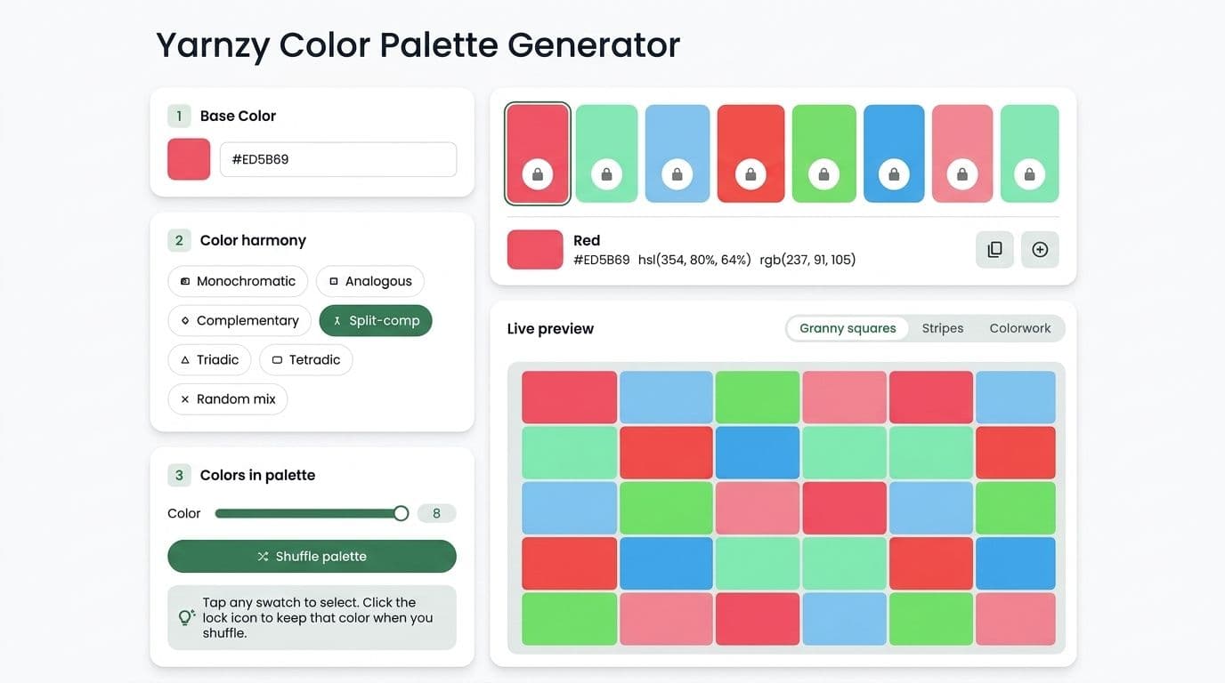 Yarnzy Crochet Color Scheme Generator interface showing color picker, theory selection buttons, and live color scheme preview with adjustment controls.