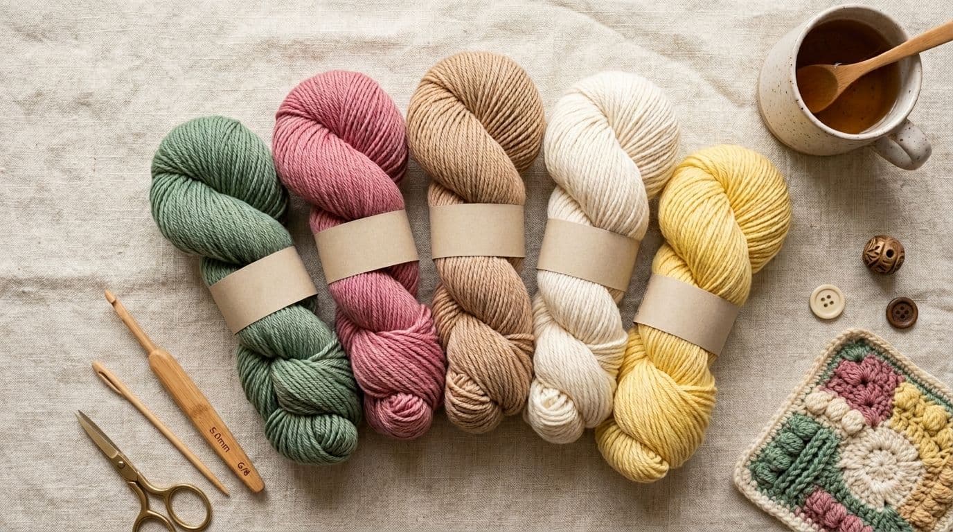 Overhead flat-lay of yarn skeins arranged in a harmonious color scheme on cream linen fabric, demonstrating coordinated yarn colors for crochet projects.
