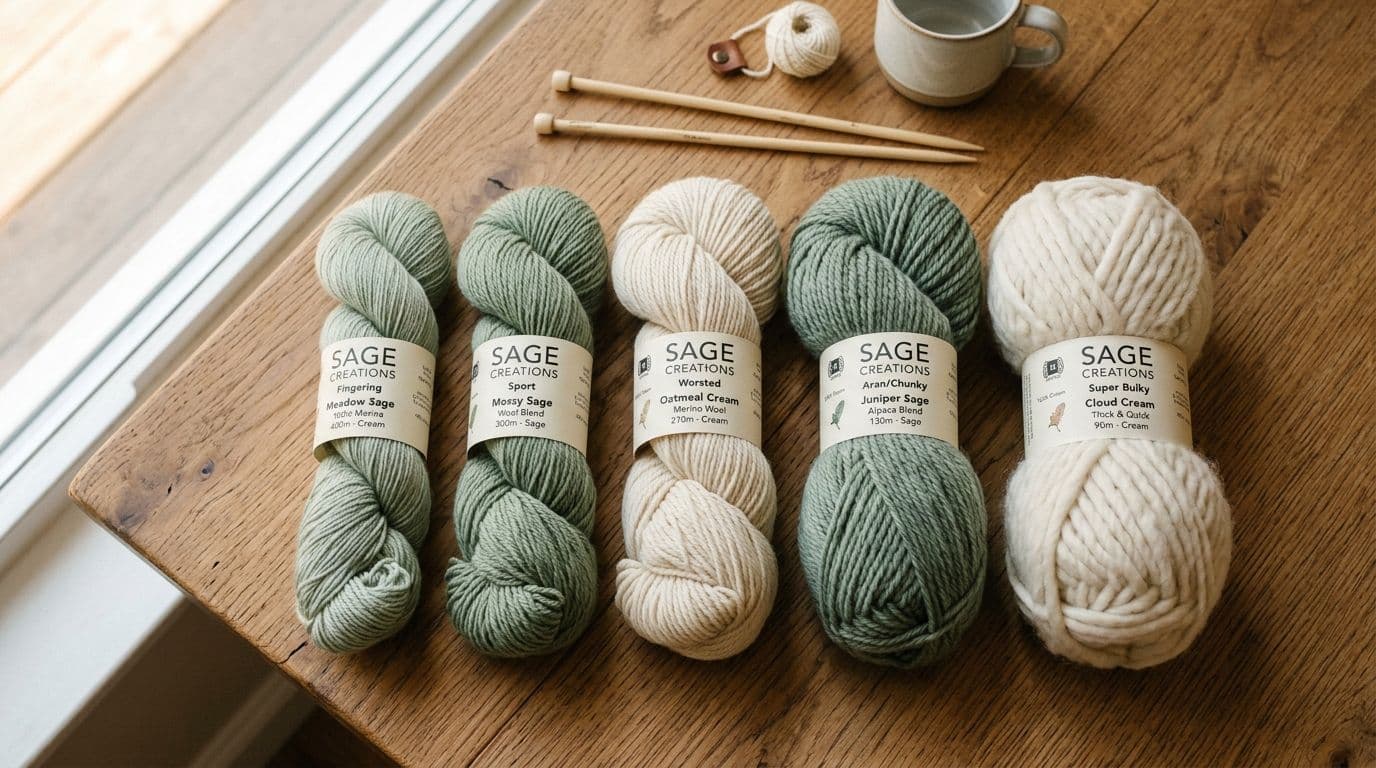 Five yarn skeins arranged by weight from fingering to bulky on a wooden surface, showing thickness differences for a yarn weight guide