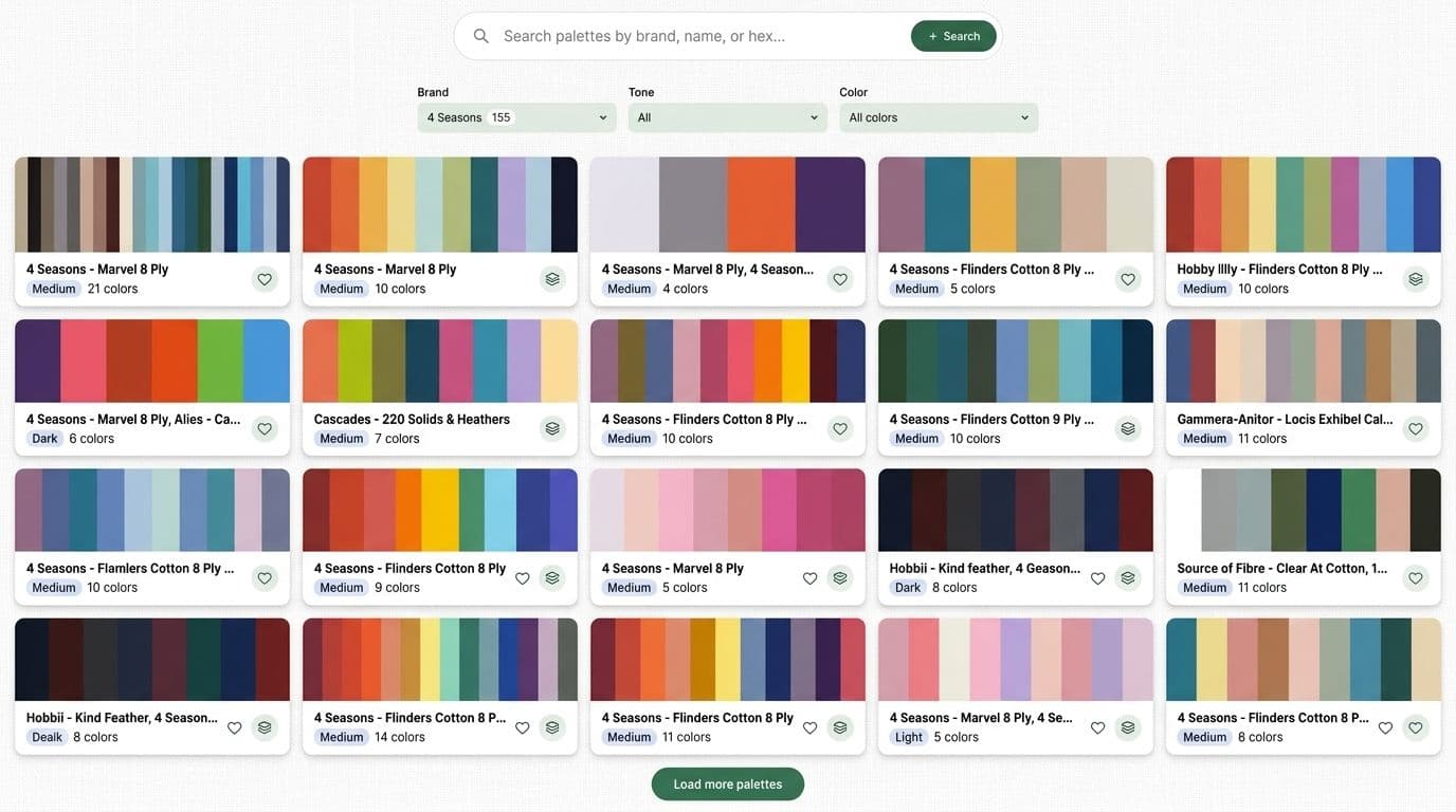 Yarnzy Curated Color Schemes browsing interface showing seasonal and mood-based crochet color scheme cards with color swatches and filter options.