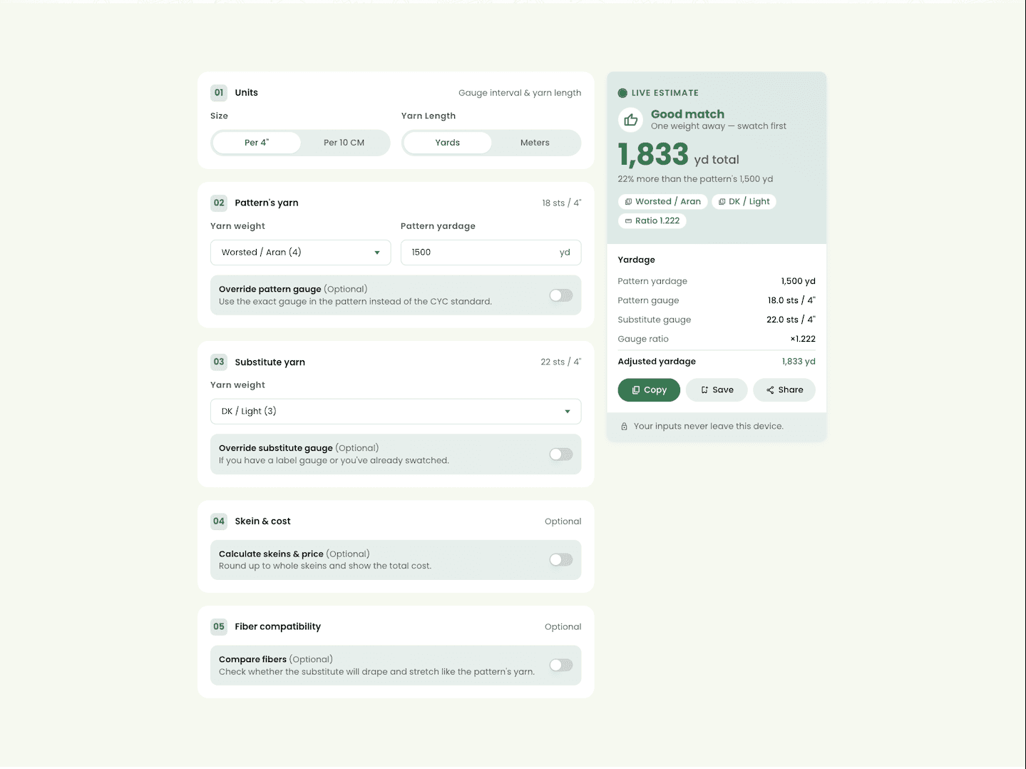 Yarnzy yarn weight substitution calculator showing gauge ratio and adjusted yardage